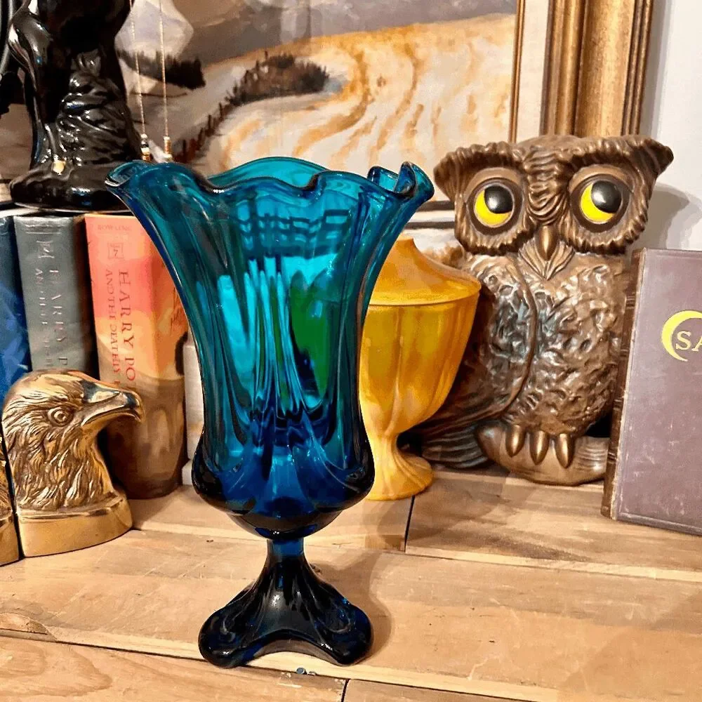 Vintage Viking EPIC DRAPE Vase Bluenique Footed 3 Toe Pedestal Flared Swung Glas